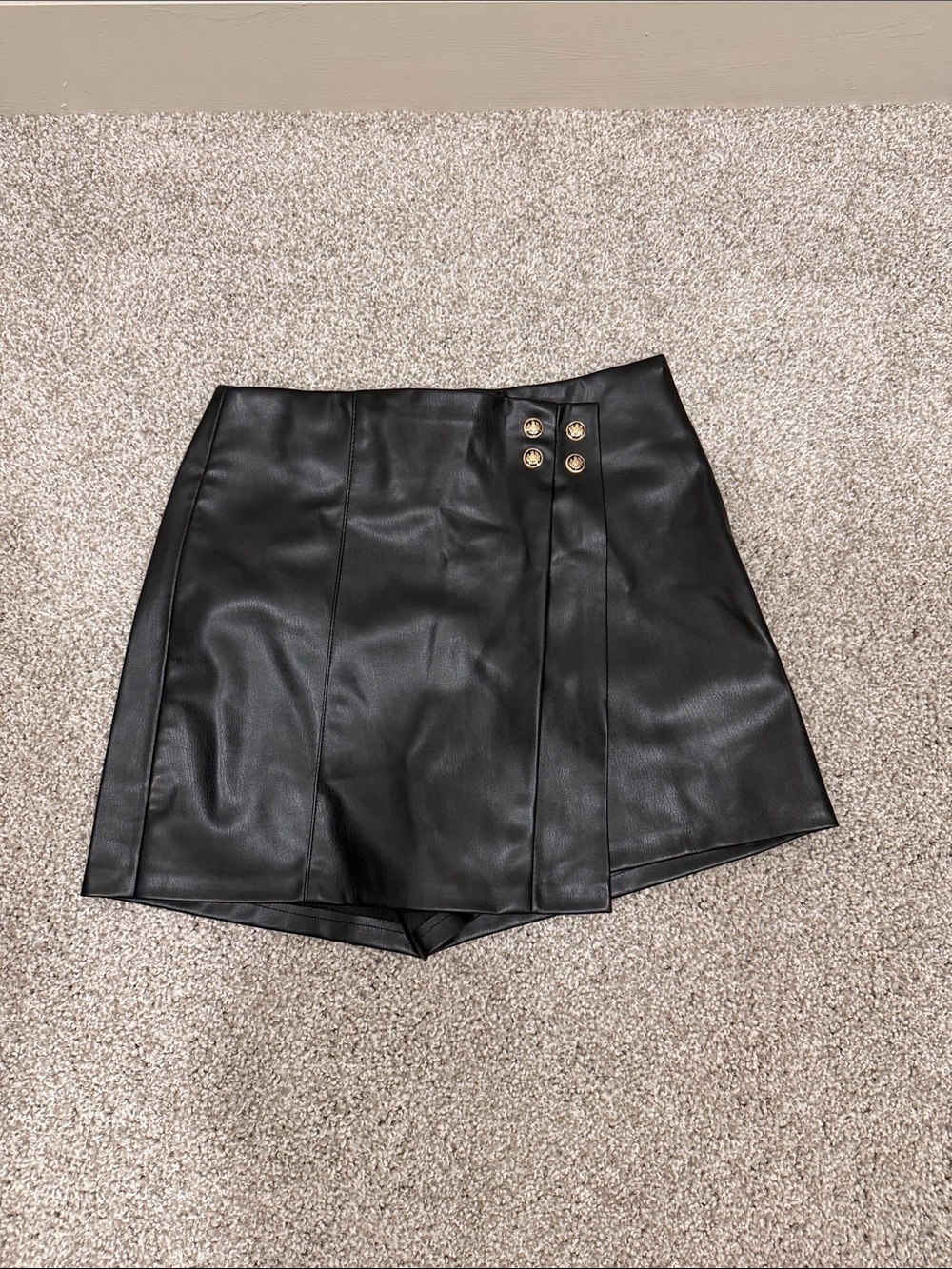 Zara Black Faux Leather Skort with Gold Buttons